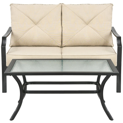 2 Pieces Patio Outdoor Cushioned  Sofa Bench with Coffee Table-Beige