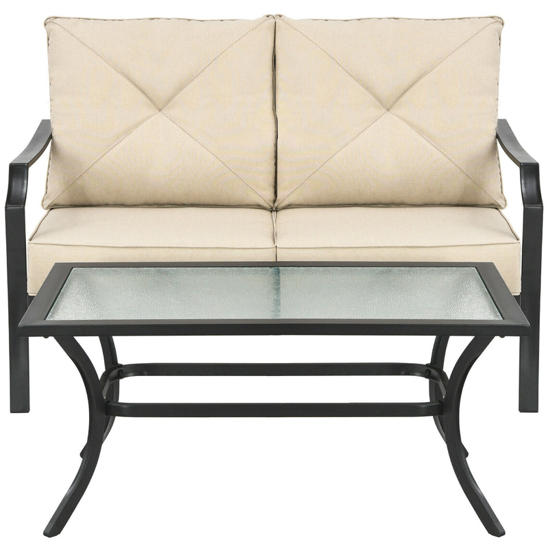 2 Pieces Patio Outdoor Cushioned  Sofa Bench with Coffee Table-Beige