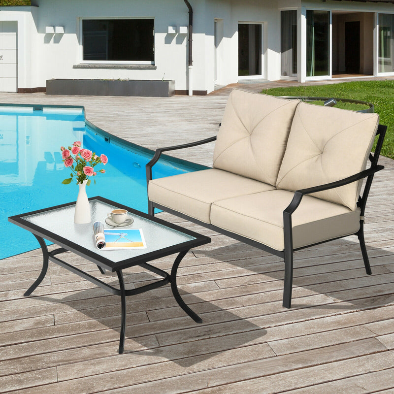 2 Pieces Patio Outdoor Cushioned  Sofa Bench with Coffee Table-Beige