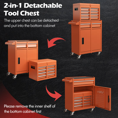 2-in-1 Rolling Tool Chest with 5 Sliding Lockable Drawers-Orange