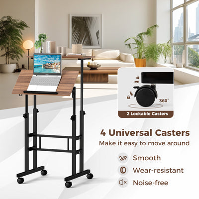 Height Adjustable Mobile Standing Desk with Rolling Wheels for Office and Home-Walnut