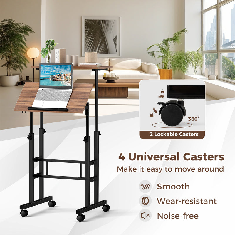 Height Adjustable Mobile Standing Desk with Rolling Wheels for Office and Home-Walnut