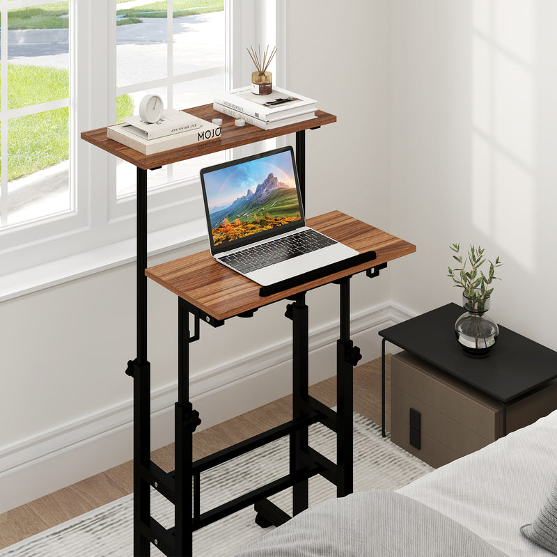 Height Adjustable Mobile Standing Desk with Rolling Wheels for Office and Home-Walnut