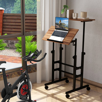 Height Adjustable Mobile Standing Desk with Rolling Wheels for Office and Home-Walnut