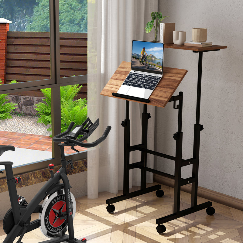 Height Adjustable Mobile Standing Desk with Rolling Wheels for Office and Home-Walnut