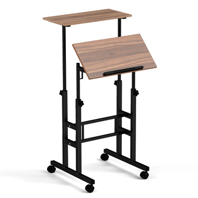 Height Adjustable Mobile Standing Desk with Rolling Wheels for Office and Home-Walnut