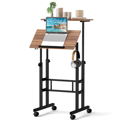 Height Adjustable Mobile Standing Desk with Rolling Wheels for Office and Home-Walnut