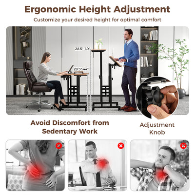 Height Adjustable Mobile Standing Desk with Rolling Wheels for Office and Home-Walnut