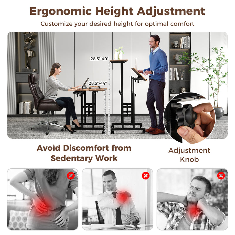 Height Adjustable Mobile Standing Desk with Rolling Wheels for Office and Home-Walnut
