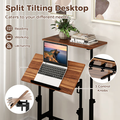 Height Adjustable Mobile Standing Desk with Rolling Wheels for Office and Home-Walnut