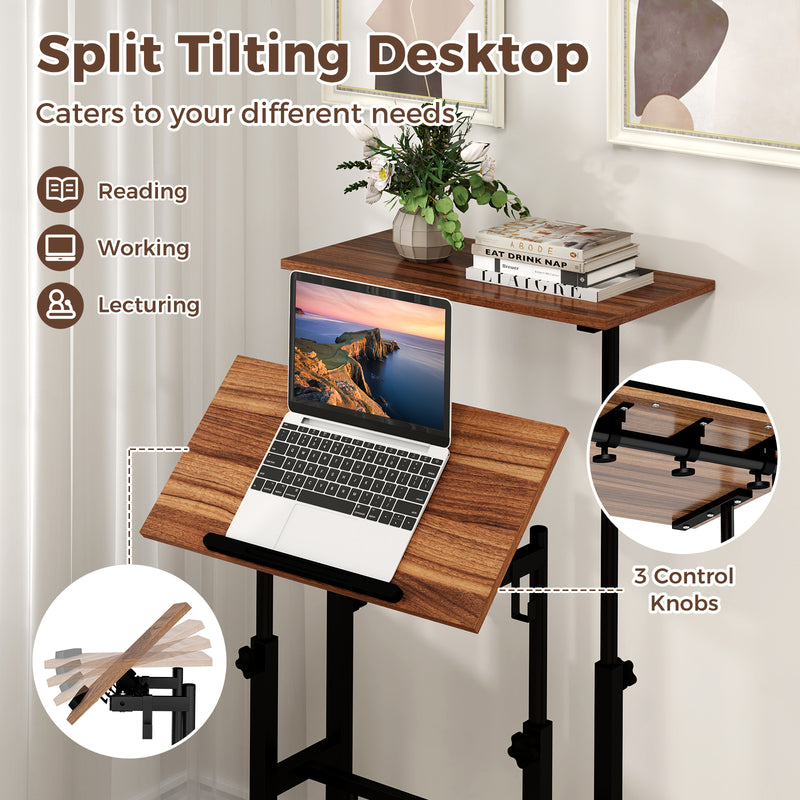 Height Adjustable Mobile Standing Desk with Rolling Wheels for Office and Home-Walnut