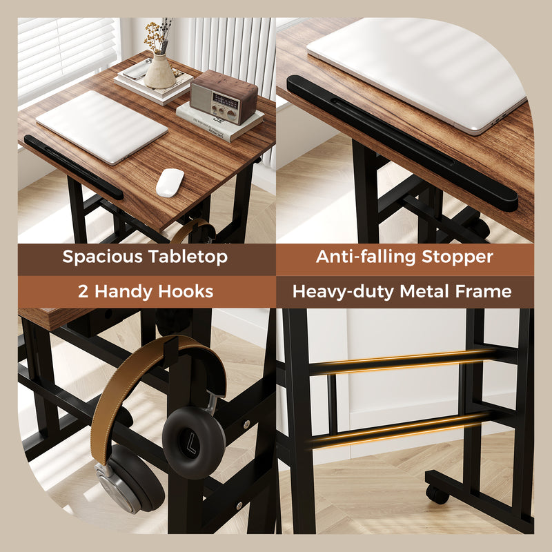 Height Adjustable Mobile Standing Desk with Rolling Wheels for Office and Home-Walnut