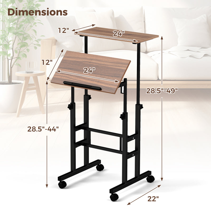 Height Adjustable Mobile Standing Desk with Rolling Wheels for Office and Home-Walnut