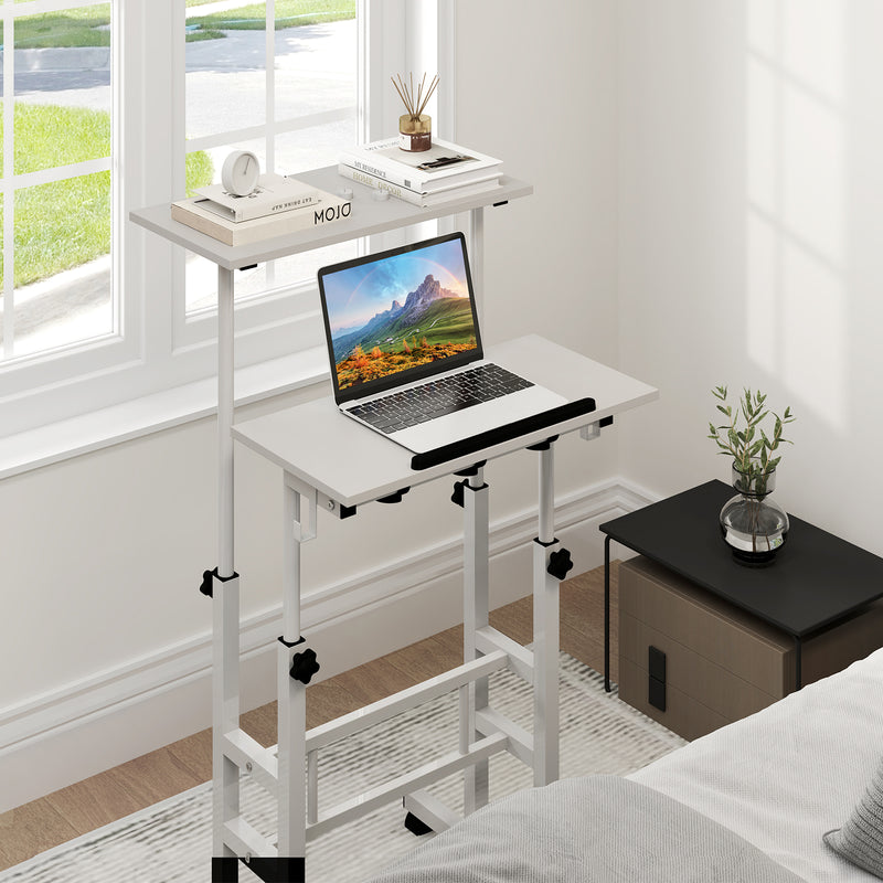 Height Adjustable Mobile Standing Desk with Rolling Wheels for Office and Home-White