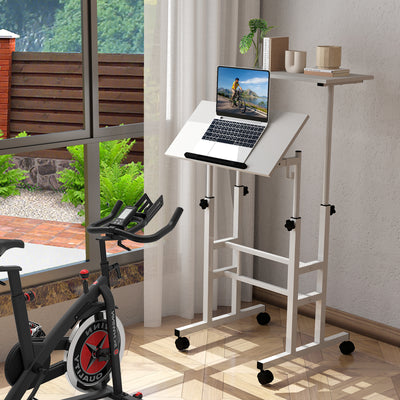 Height Adjustable Mobile Standing Desk with Rolling Wheels for Office and Home-White