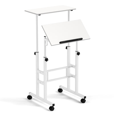 Height Adjustable Mobile Standing Desk with Rolling Wheels for Office and Home-White