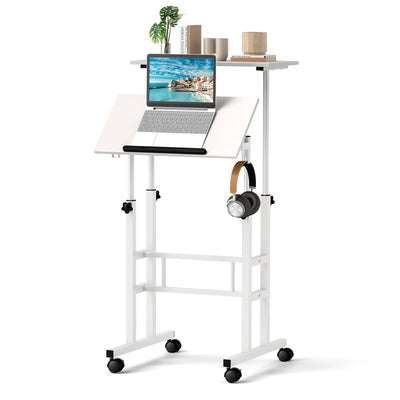 Height Adjustable Mobile Standing Desk with Rolling Wheels for Office and Home-White