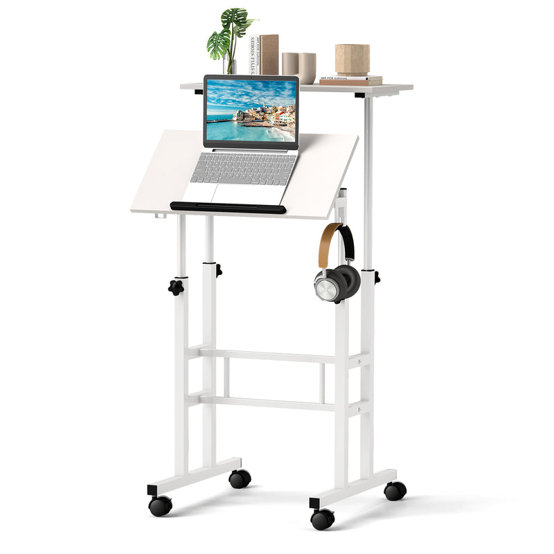 Height Adjustable Mobile Standing Desk with Rolling Wheels for Office and Home-White