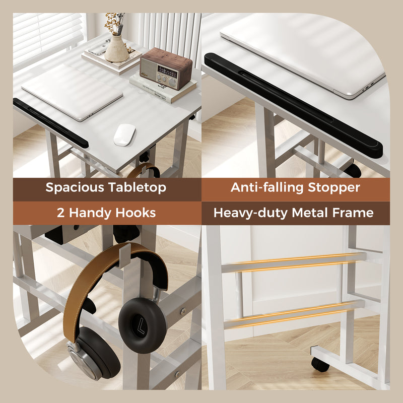 Height Adjustable Mobile Standing Desk with Rolling Wheels for Office and Home-White
