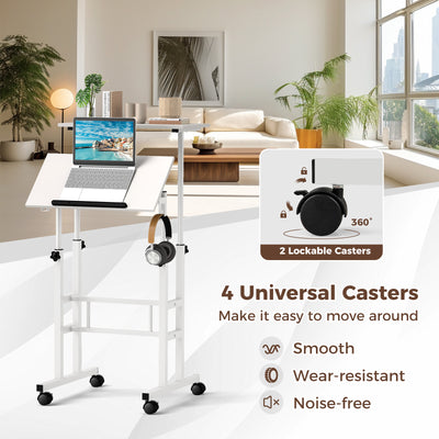 Height Adjustable Mobile Standing Desk with Rolling Wheels for Office and Home-White