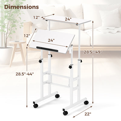 Height Adjustable Mobile Standing Desk with Rolling Wheels for Office and Home-White