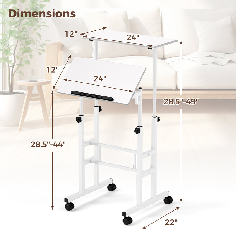 Height Adjustable Mobile Standing Desk with Rolling Wheels for Office and Home-White