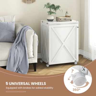 Folding Sewing Table with Storage Shelf and 5 Lockable Wheel-White