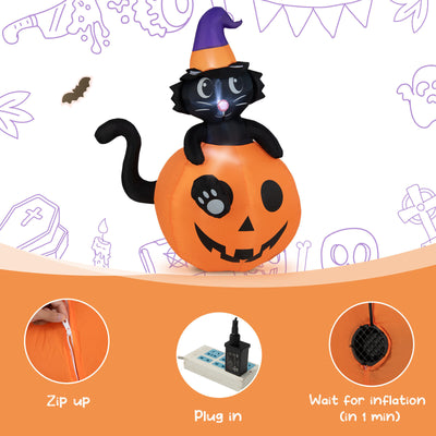 5 Feet Inflatable Halloween Pumpkin with Witch's Black Cat