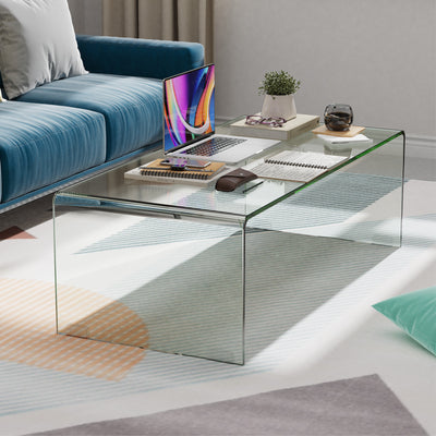 *42 x 19.7 Inch Clear Tempered Glass Coffee Table with Rounded Edges-Transparent