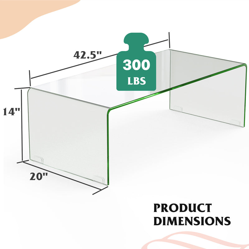*42 x 19.7 Inch Clear Tempered Glass Coffee Table with Rounded Edges-Transparent