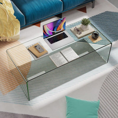 *42 x 19.7 Inch Clear Tempered Glass Coffee Table with Rounded Edges-Transparent