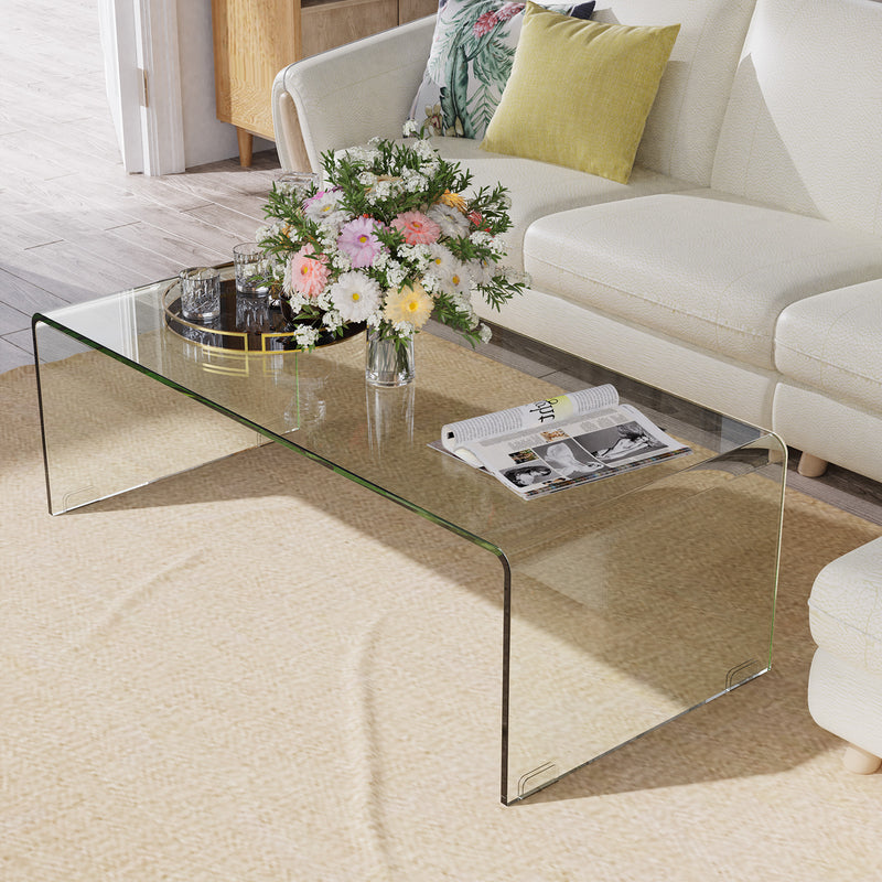 *42 x 19.7 Inch Clear Tempered Glass Coffee Table with Rounded Edges-Transparent