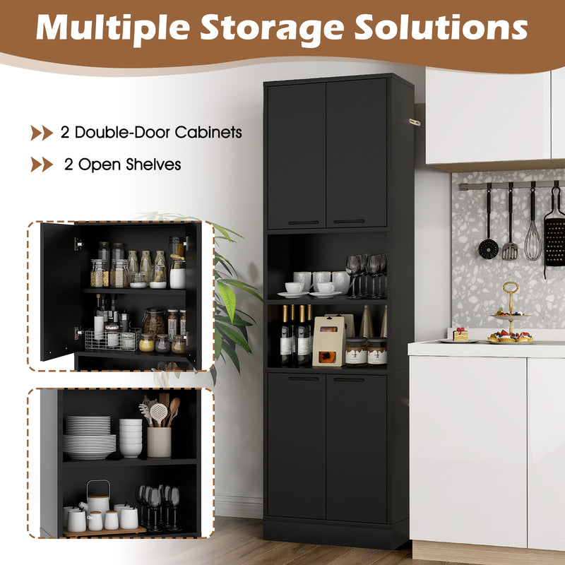 75 Inch Kitchen Pantry Cabinet Tall Cupboard with Doors and Shelves-Black