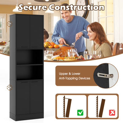 75 Inch Kitchen Pantry Cabinet Tall Cupboard with Doors and Shelves-Black