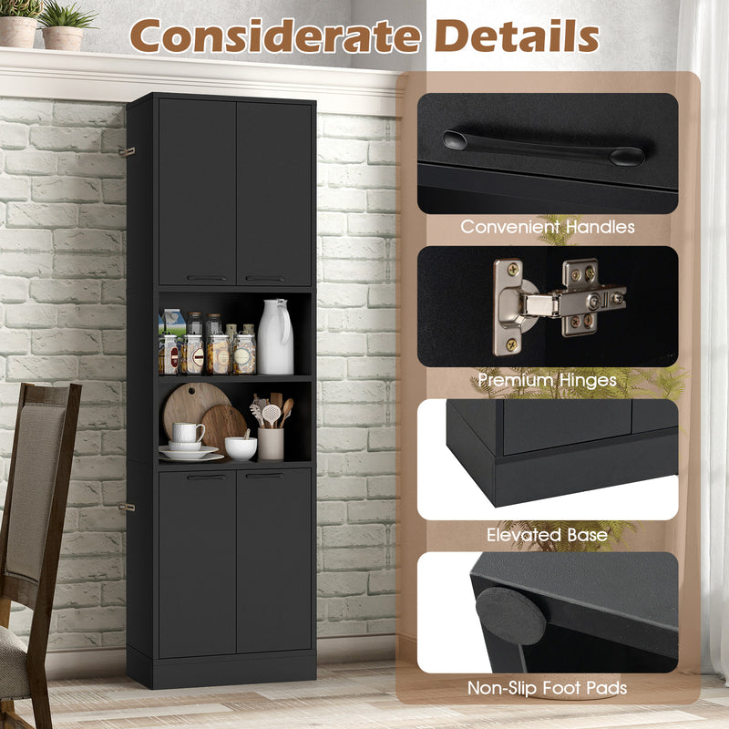 75 Inch Kitchen Pantry Cabinet Tall Cupboard with Doors and Shelves-Black