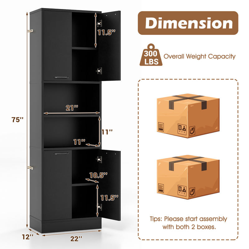 75 Inch Kitchen Pantry Cabinet Tall Cupboard with Doors and Shelves-Black