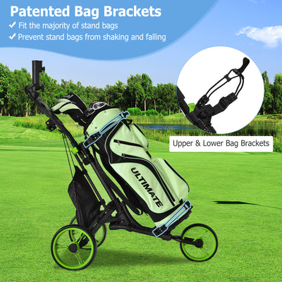 Folding 3 Wheels Golf Push Cart with Bag Scoreboard Adjustable Handle-Green