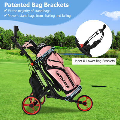 Folding 3 Wheels Golf Push Cart with Bag Scoreboard Adjustable Handle-Red