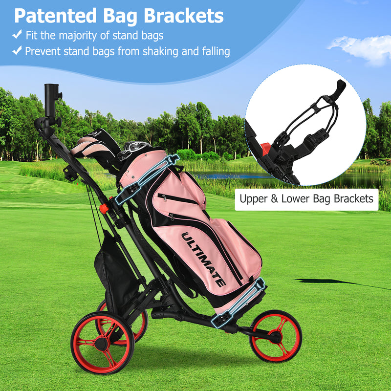 Folding 3 Wheels Golf Push Cart with Bag Scoreboard Adjustable Handle-Red