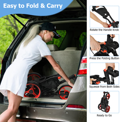 Folding 3 Wheels Golf Push Cart with Bag Scoreboard Adjustable Handle-Red