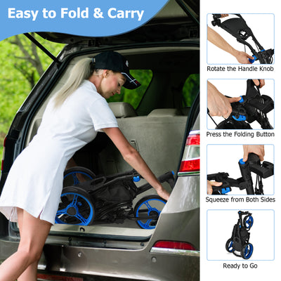 Folding 3 Wheels Golf Push Cart with Bag Scoreboard Adjustable Handle-Blue
