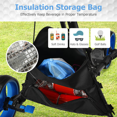 Folding 3 Wheels Golf Push Cart with Bag Scoreboard Adjustable Handle-Blue