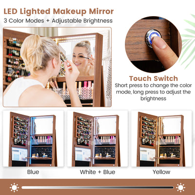 Standing Jewelry Cabinet with Adjustable LED Lights-Brown