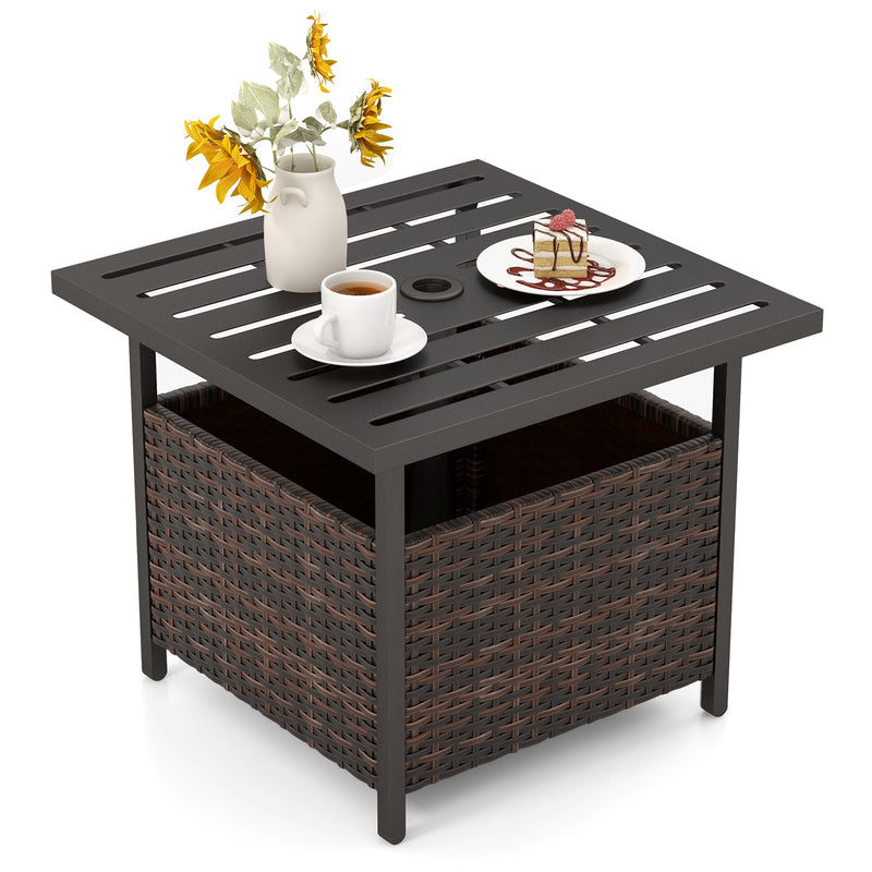 Outdoor Patio Rattan Wicker Steel Side Deck Table-Brown