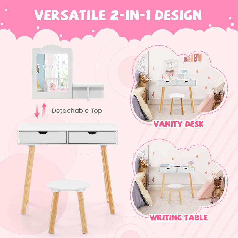 Kid Vanity Table Chair Set with Mirror and 2 Large Storage Drawers-White