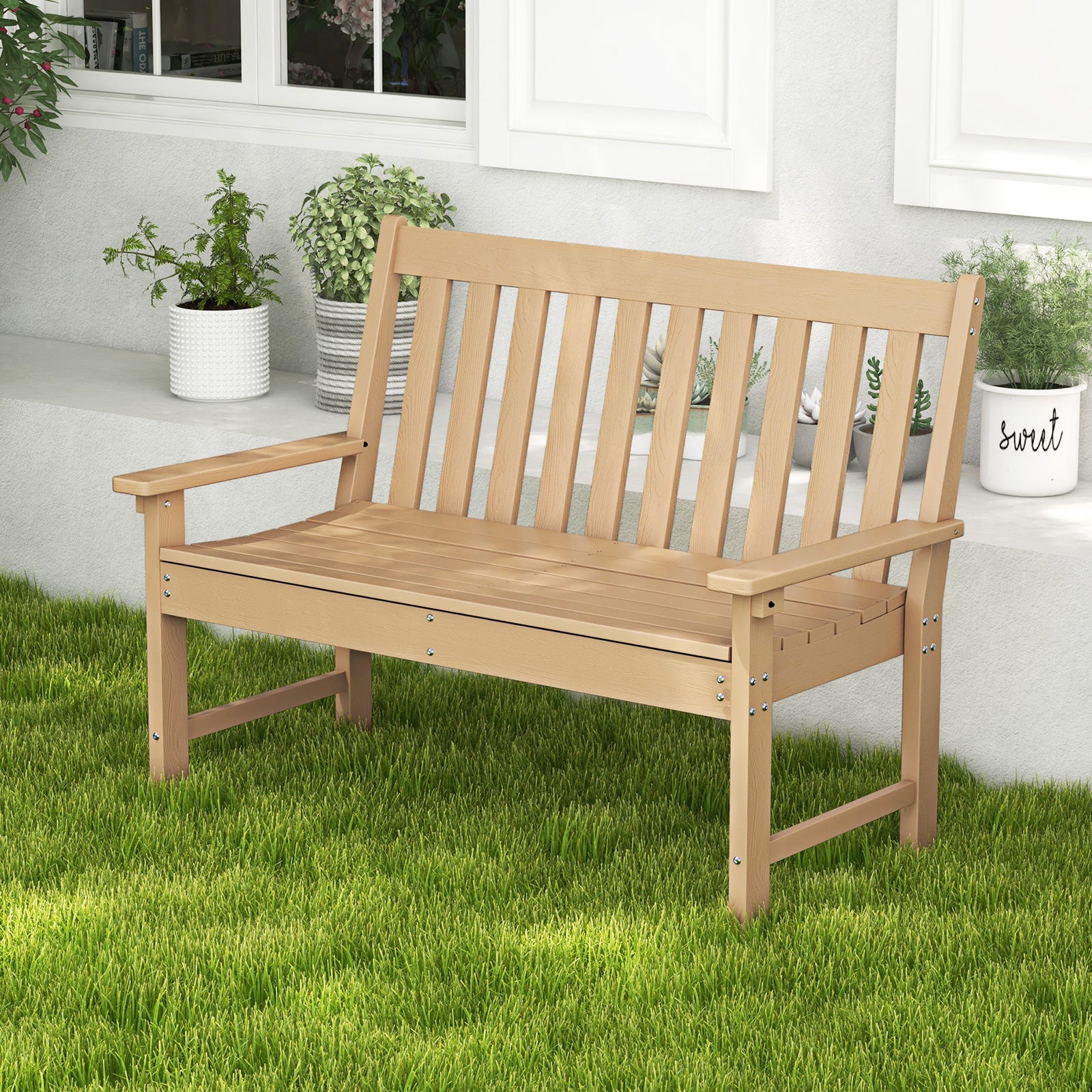 52 Inch All-Weather HDPE Outdoor Bench with Backrest and Armrests-Teak