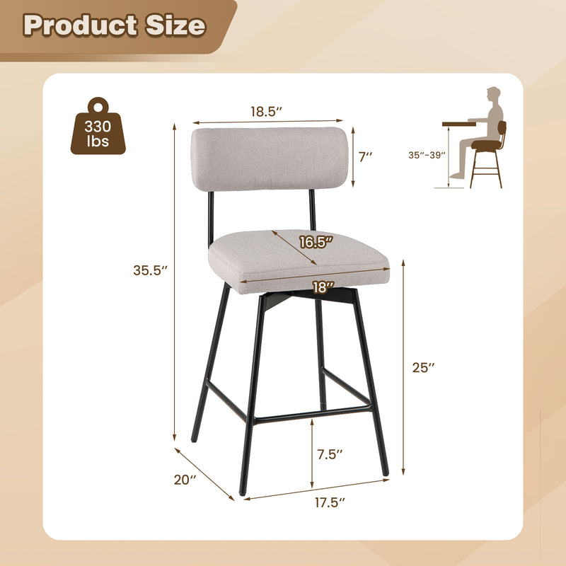 25 Inch 2-Piece Modern Upholstered Bar Stools with Back