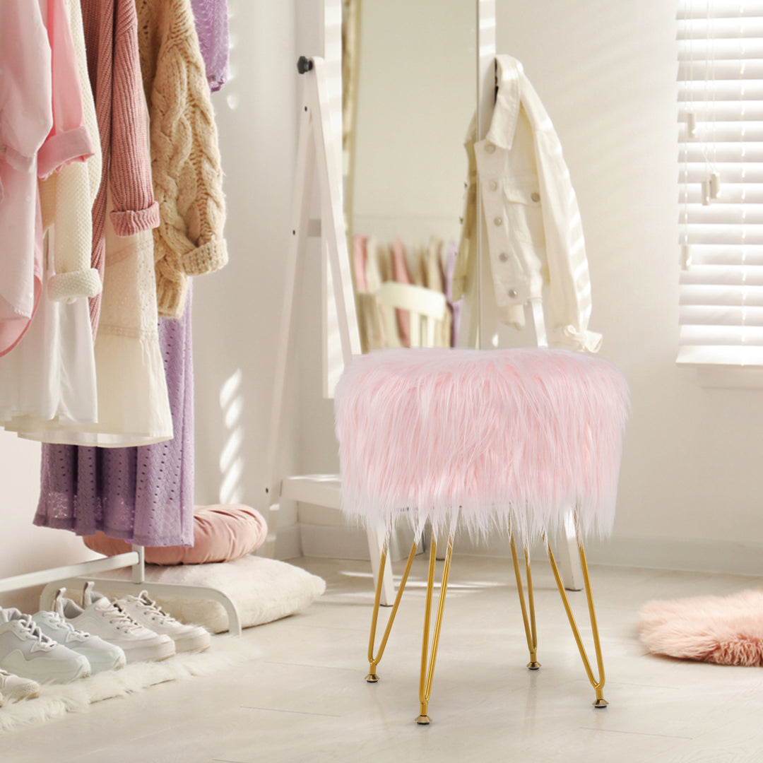 Faux Fur Vanity Stool Chair with Metal Legs for Bedroom and Living Roo