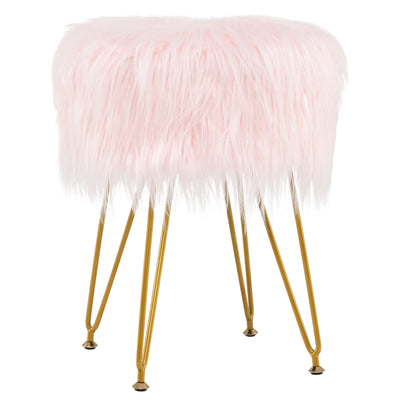 Faux Fur Vanity Stool Chair with Metal Legs for Bedroom and Living Room-Pink