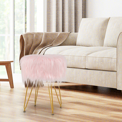 Faux Fur Vanity Stool Chair with Metal Legs for Bedroom and Living Room-Pink